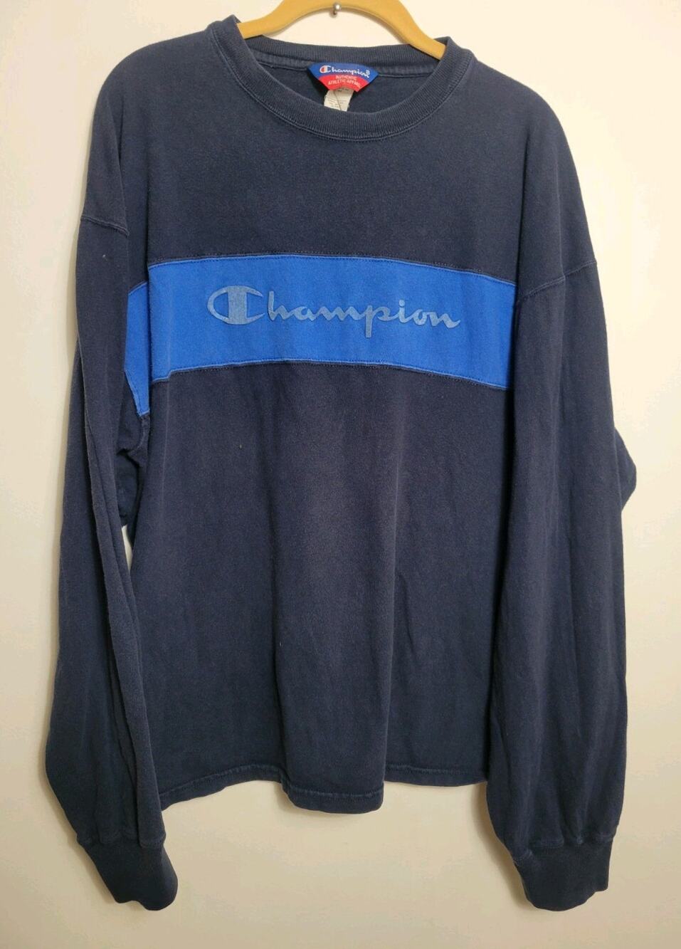 Vintage 90’s Champion Long Sleeve T Shirt Mens Spell Out Street Wear Size XL